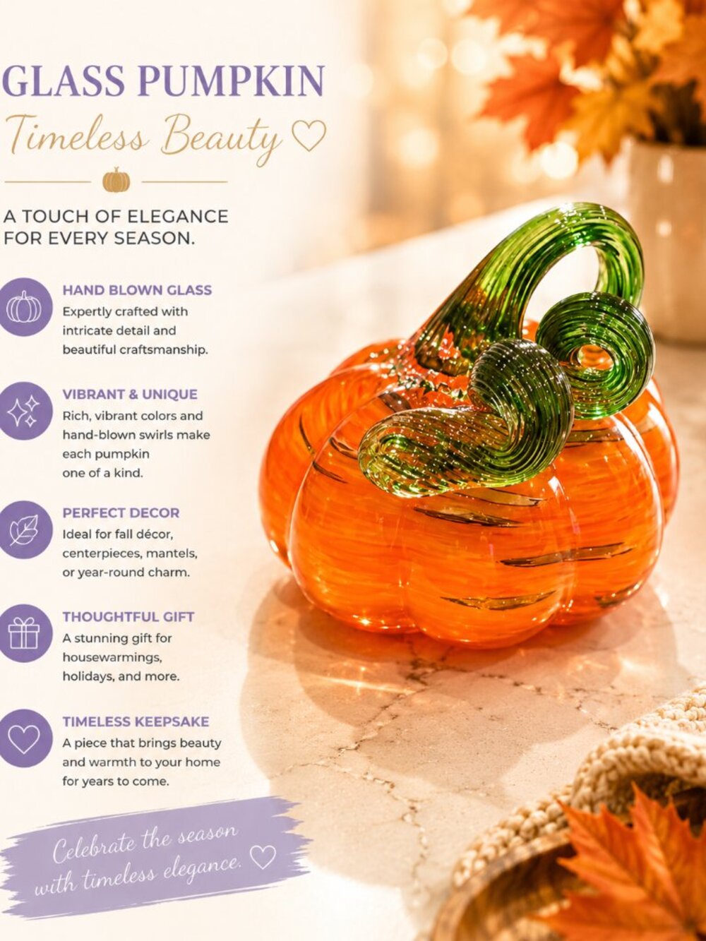Artisan Glass Pumpkin Sculpture - Vibrant Orange and Green